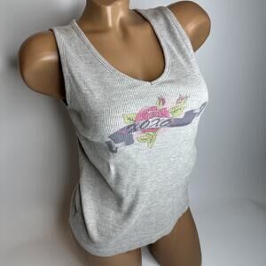 XOXO Ribbed Rose Graphic Tank Top Gray Pink Y2K Bratcore Baddie Soft Girl M